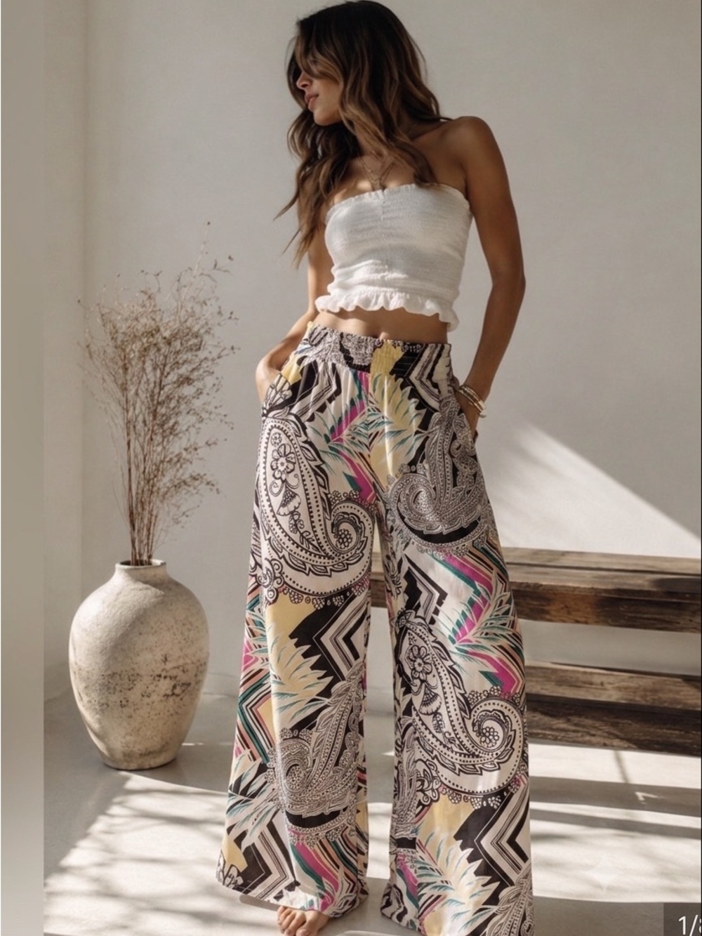 Melissa Paige Smocked-Waist Wide Leg Paisley Print Pants - Multicolor Ladies L